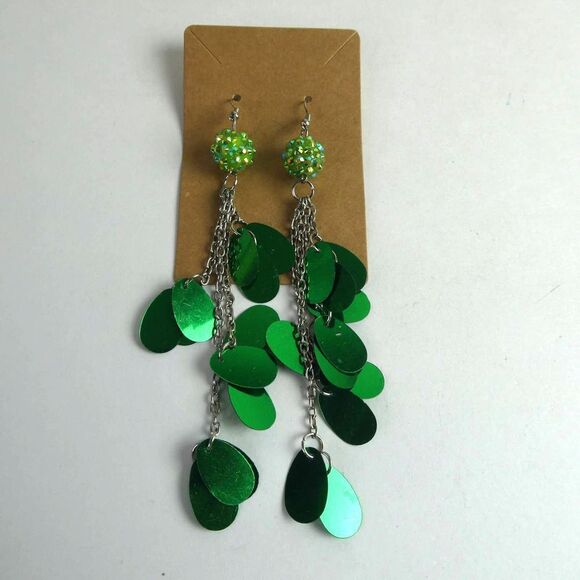 Silver Tone Green Rhinestone Tassel Dangle Chain Confetti Earrings Patrick's Day - Picture 1 of 6
